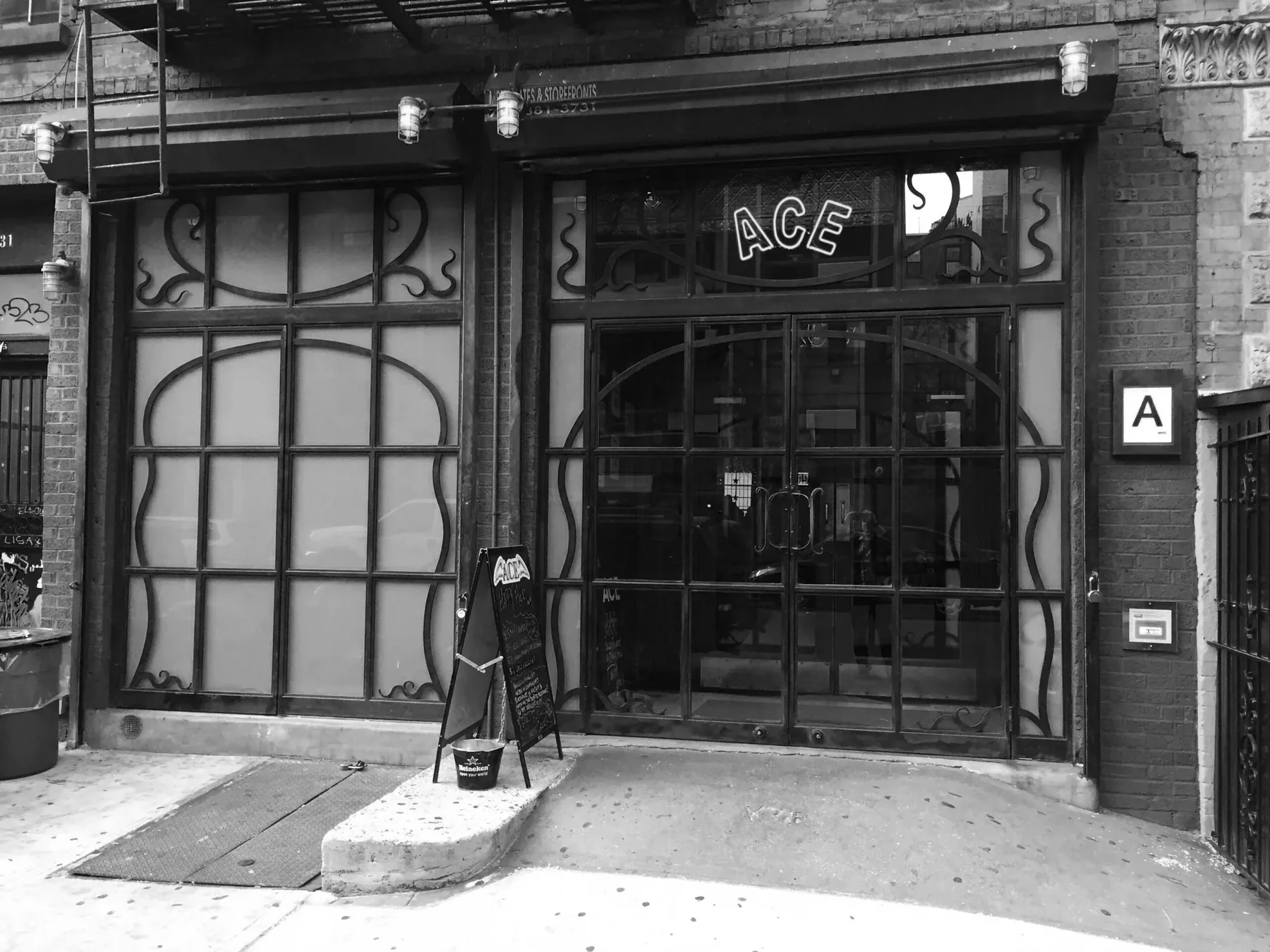 The Ace Bar storefront on East 5th Street — ornate ironwork windows and a neon ACE sign above the door, East Village, New York.